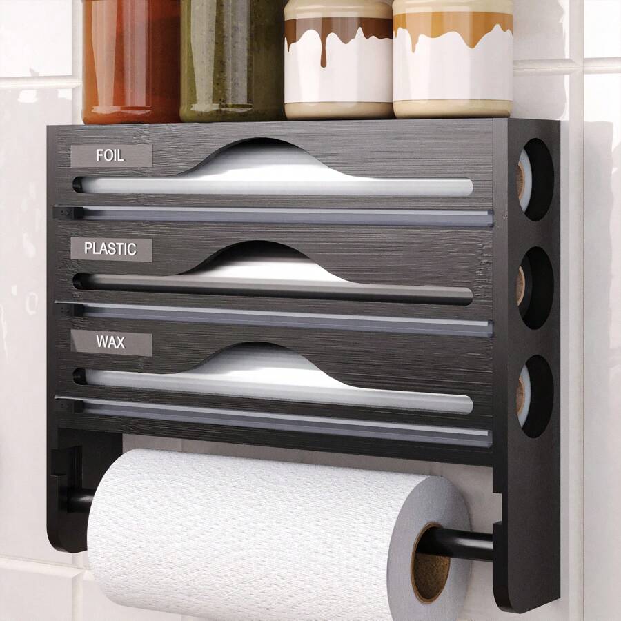 1 szt. Dozownik do folii bambusowej, 3-poziomowy dozownik do folii aluminiowej z uchwytem na ręczniki papierowe, organizerem na folię i folię plastikową, odpowiedni do kuchni