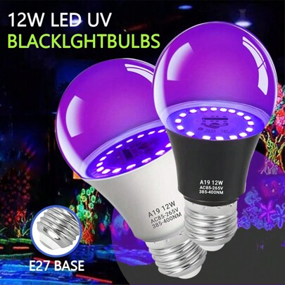 Lâmpada LED de luz negra, 12 W (equivalente a 100 watts), lâmpada de luz negra UV A19, nível UVA 385-400 nm, base média E26, brilha no escuro para festa de luz negra, pôster fluorescente, brilho neon, 1 pacote