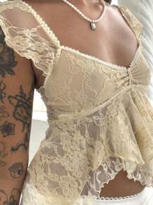 Women Summer Crop Tanks Flying Sleeve V Neck Lace Double Layered Lotus Edge Tops