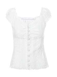 Women Y2K Fairy Grunge Shirts Puff Short Sleeve V-Neck Ruffle Crop Top Summer Button-Down T-Shirts Blouses E-Girls Aesthetic Tees Tops Clothes