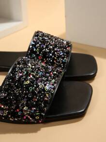 Sandálias femininas com decoração de strass de um dedo, chinelos casuais versáteis e planos para atividades ao ar livre