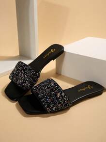 Sandálias femininas com decoração de strass de um dedo, chinelos casuais versáteis e planos para atividades ao ar livre