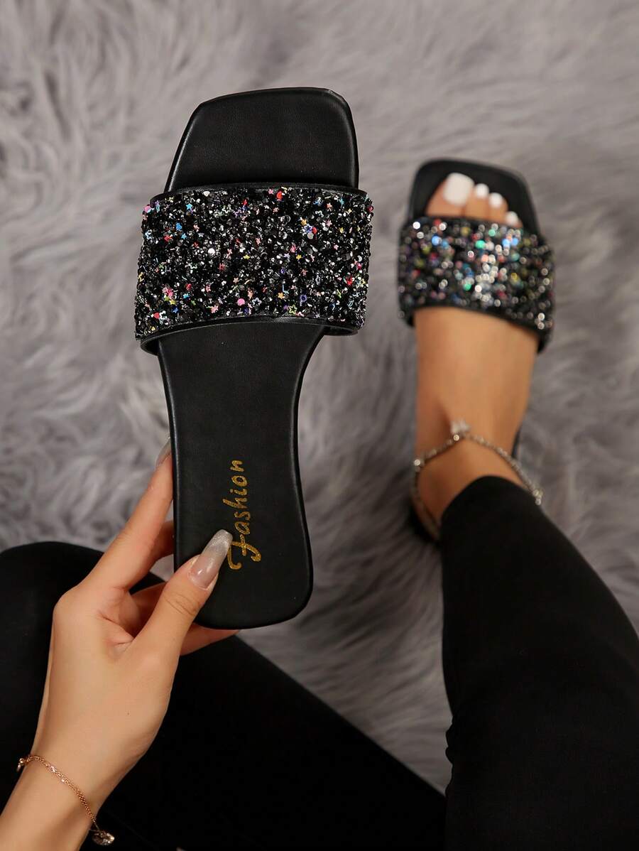 Sandálias femininas com decoração de strass de um dedo, chinelos casuais versáteis e planos para atividades ao ar livre