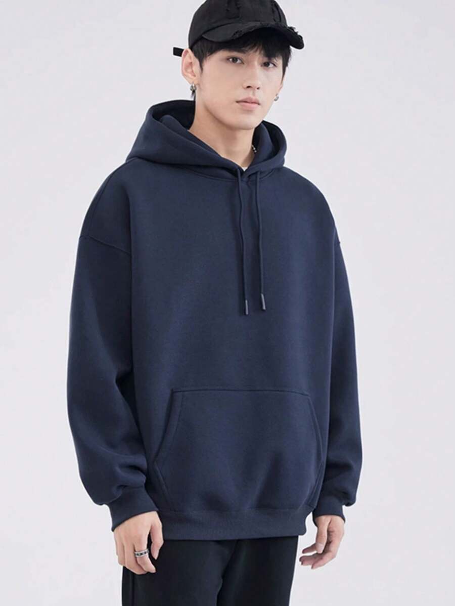 Plain Basic Kangaroo Blouse Sweatshirt With Hood And Pockets - Màu xanh lam - Xem 1
