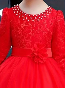 Girls' Red Flocked Princess Christmas Dress, Autumn/Winter
