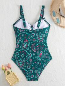 Women's Floral Print Ruffled Fitted One-Piece Swimsuit With Tummy Control Summer