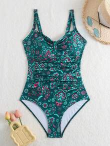 Women's Floral Print Ruffled Fitted One-Piece Swimsuit With Tummy Control Summer