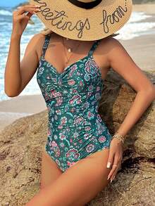 Women's Floral Print Ruffled Fitted One-Piece Swimsuit With Tummy Control Summer