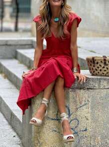 Vestidos de primavera y verano para mujeres, vestido de vacaciones rojo, moda casual, vestido sencillo y cómodo sin tirantes, diseño elegante con mangas de vuelo, vestidos largos para mujeres
