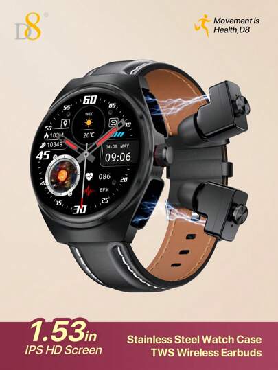 D8 智能手表带耳塞，适合男女，1.53 英寸高清触摸屏，9D 音效，100 多种健身和睡眠监测器，录音麦克风，全新设计风格（接听/拨打电话），消息通知，兼容 Android 手机和 iOS，适合户外活动和健身爱好者 D8 智能手表