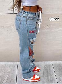 Jeans droits taille moyenne avec poches, style de rue tendance, tailles grandes, pour femmes