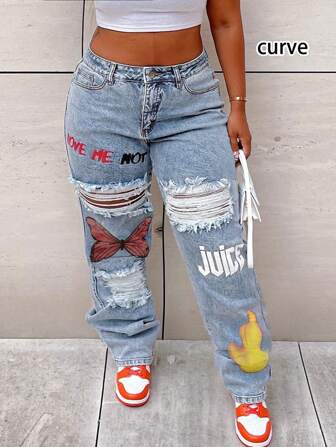 大码女装时尚街头风印花中腰口袋直筒男友牛仔裤