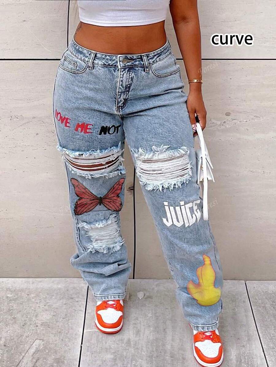 Jeans droits taille moyenne avec poches, style de rue tendance, tailles grandes, pour femmes