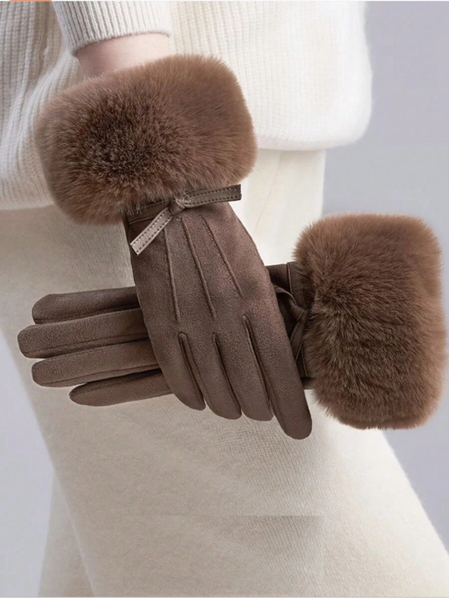 1 Pair Women Coffee Color Fall/Winter New Polyester Fiber Elegant Casual Full Finger Gloves With Furry Edges, Suitable For Outdoor, Casual, Parties, Mature Autumn/Winter Valentines