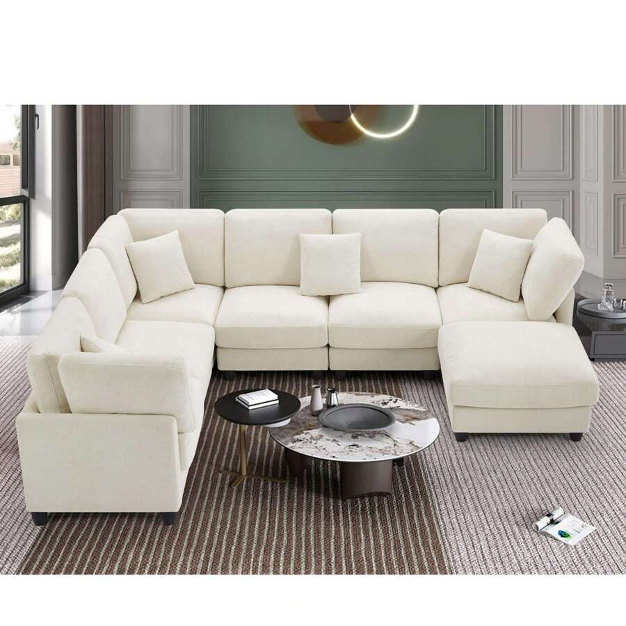 1PC, Modular Combination Sofa, L-Shaped Sofa For 7 Seats, Sectional Sofa Couches, Free Combination, Removable Modules With Wooden Legs And Upholstery, U-Shaped Sofa For Living Room And Office, Large Space, Living Room Furniture, Home Decor, Beige - 米色 - 查看 1