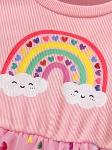 Young Girl Fashionable & Cute Princess Dress With Rainbow & Heart Print Mesh Skirt, Spring/Summer 2025 New Arrival - Pink - View 3
