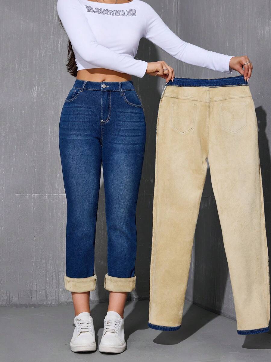 冬季保暖直筒牛仔裤