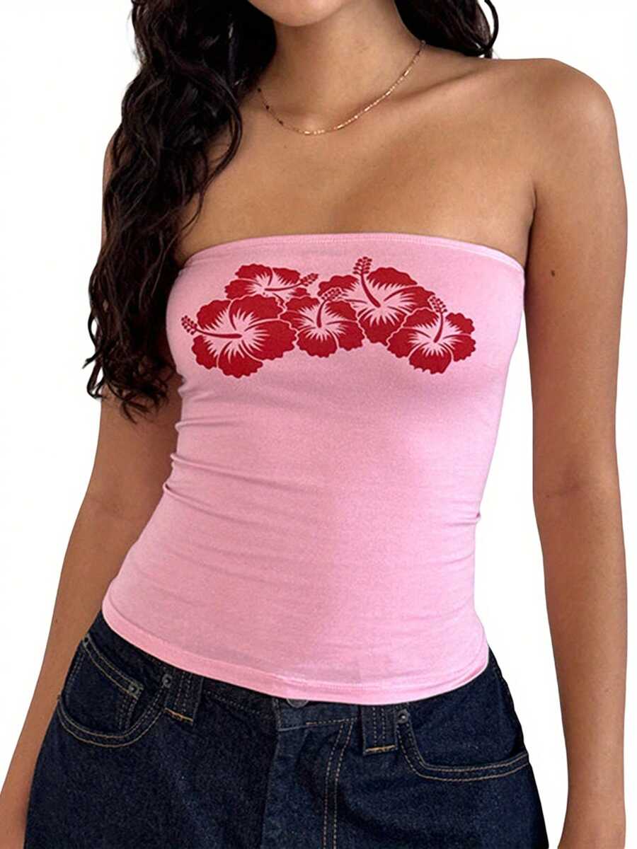 Women Tube Tops Floral Print Strapless Tops Summer Fashion Backless Bandeau Shirts - Hồng - Xem 1