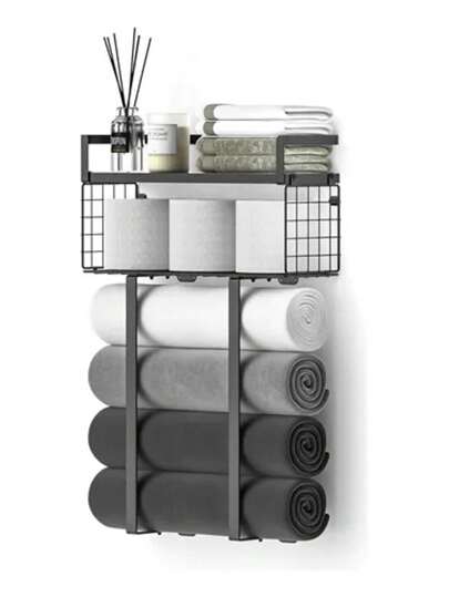 Toallero de pared para baño con cesta de almacenamiento,Repisa flotante en el dormitorio encima del baño,Portatoallas de metal con estante de madera,Almacenamiento de toallas de baño Para Oficina, Baño, Dormitorio, Cocina,Organización