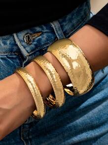 3 件时尚简约纯色圆形手镯套装女士黄金首饰 - 适合街头服饰、闪亮派对和各种场合 - 金黃色 - 查看 15