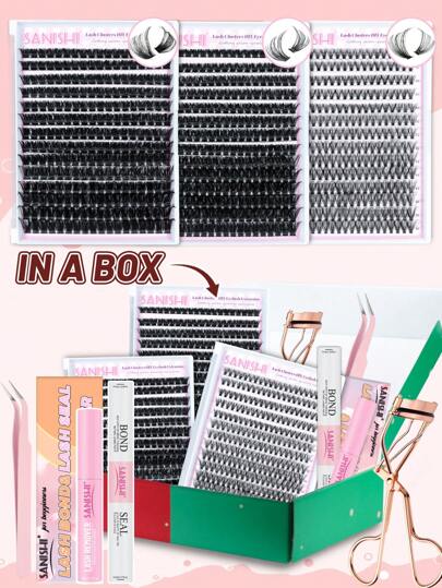  812 Pcs D Curl Christmas Eyelash Kit SANISHI Eyelash Extension Kit DIY Eyelash Extension Kit Includes 3 Trays Of Eyelash Bond & Seal Eyelash Remover Eyelash Applicator Eyelash Curler (D-10-16mix)