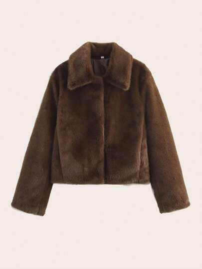 Women's Solid Color Long Sleeve Short Faux Fur Coat, Autumn/Winter