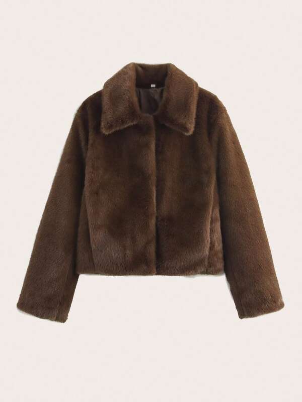 Women's Solid Color Long Sleeve Short Faux Fur Coat, Autumn/Winter