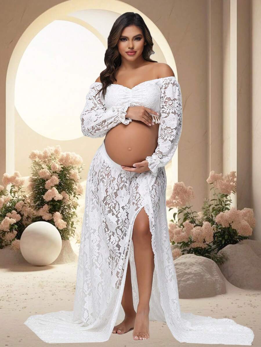 2pcs Maternity Set: Lace Cold-Shoulder Top With Tassel Ruffle Sleeves, Slit Skirt, Suitable For Photography, Baby Shower And Other Occasions Spring - White - View 1