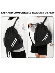 1pc Large Capacity Drawstring Sports Backpack, Fashion Gym Bag With Inner Pocket, Black Waterproof Wear-Resistant Nylon Oxford Cloth Material, With Bottom Shoe Compartment And Side Mesh Pockets And Wide Drawstring School Bag, Suitable For Men And Women Football Basketball Travel Yoga Swimming Cycling Shoulder Bag Travel Bag