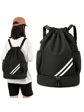 1pc Large Capacity Drawstring Sports Backpack, Fashion Gym Bag With Inner Pocket, Black Waterproof Wear-Resistant Nylon Oxford Cloth Material, With Bottom Shoe Compartment And Side Mesh Pockets And Wide Drawstring School Bag, Suitable For Men And Women Football Basketball Travel Yoga Swimming Cycling Shoulder Bag Travel Bag