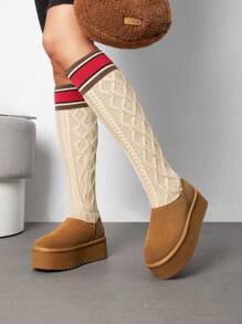 Women's Platform Knee-High Snow Boots Knitted Shaft Warm Fashion Outdoor Indoor Winter Christmas Holiday Festival Brown Black Boots