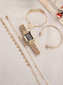 5 件/套桶形钢带手表套装，配水钻蝴蝶手链，精美包装，情人节、母亲节礼物 - 黑色 - 查看 2