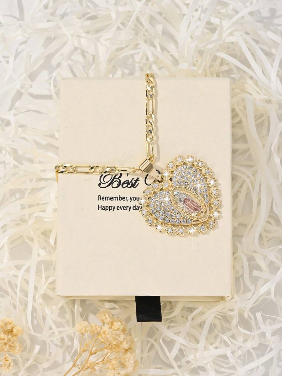 1 pièce Pendentif Collier Vierge Marie Cœur Sacré en cuivre plaqué or 14 carats avec cubique zircone gravé en 3 couleurs, boîte cadeau de bénédiction, convient pour mère/couple/meilleure amie/être cher, à porter au quotidien et pour les fêtes (Saint-Valentin, Fête des Mères, Cadeau)