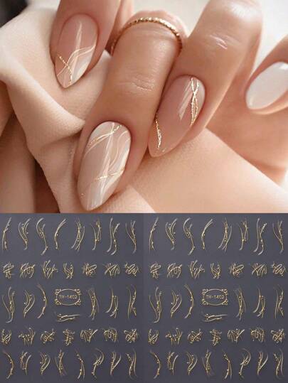 2pcs Gold Line Nail Art Stickers Spring Summer Simple Florals Petals Leaf Self Adhesive Decorations Manicure Decoration For Women Girl Friend Gift DIY