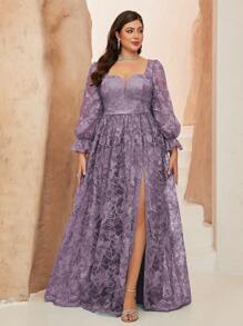 Plus Size Non-Locational Flower Sweetheart Neck Embroidered Lace Long Sleeve Front Split High-End Evening Gown, Bridesmaid Dress - Dusty Purple - View 3