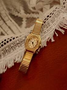 1pc New Stylish Gold Color Classic Retro French Style Elegant Petite Quartz Women's Waterproof Stainless Steel Band Rectangular Engraved Dial Watch, Fashionable Artistic Minimalist Niche Design Charming For Daily Wear And Birthday Gift - 金色 - 查看 6