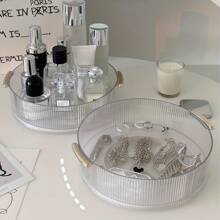 1pc Cosmetic Storage Tray, Transparent 360° Rotating Storage Box With Handle, Desktop Finishing Organizer, Suitable For Storing Perfume Lipstick Necklace Jewelry, Storage Container Box