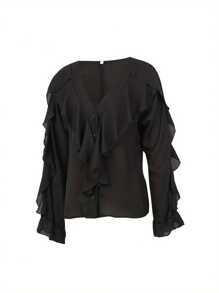 Women Button-Down Ruffle Shirt, Adults Solid Color/Letter/Butterfly/Plant Print V-Neck Long Sleeve Blouse - Negro - Ver 5