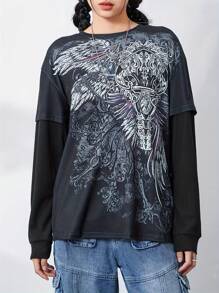 Women Grunge Tops Long Sleeve Round Neck Graphic Print Loose T-Shirts Fake Two-Piece Streetwear Tops - Black - View 9