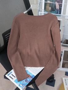 Women's Lightweight Solid Color Simple Casual Slim-Fit Long Sleeve Sweater, For Daily, Commuting, Home And Other Occasions To Wear, Fall/Winter, Long Sleeve Tops - Brown - View 3