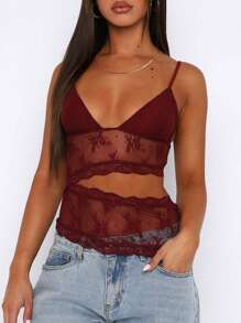 Camisetas de tirantes de encaje para mujer con escote pronunciado, sin mangas y sin espalda, estilo verano, ajustadas, estilo streetwear. - Rojo - Ver 2