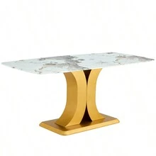 A Modern Minimalist Dining Table. Imitation Marbled Glass Tabletop. Gold MDF Table Legs For Kitchen And Living Room - 黃金如圖 - 查看 21