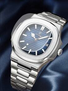 Herren Luxus Business Uhr Geschenk, echte Marke POEDAGAR (original) 50M wasserbeständig, quadratisch, blaues Zifferblatt, Datumsanzeige, Diamantmarker, leuchtend 316L, Silber, Edelstahl, hochwertiges Japan Quarzwerk - Premium Vater Bruder Partner Geburtstagsfeiertage Prüfungen Schulanfang Grundausstattung