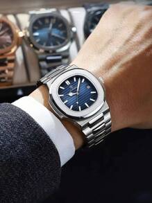 Herren Luxus Business Uhr Geschenk, echte Marke POEDAGAR (original) 50M wasserbeständig, quadratisch, blaues Zifferblatt, Datumsanzeige, Diamantmarker, leuchtend 316L, Silber, Edelstahl, hochwertiges Japan Quarzwerk - Premium Vater Bruder Partner Geburtstagsfeiertage Prüfungen Schulanfang Grundausstattung