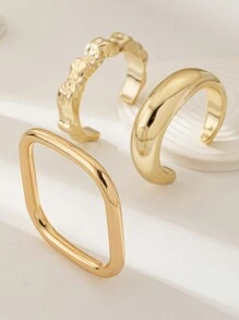 3pcs Gold Chunky Bangle Set, Women Basic Layered Bracelet Set, Geometric Square & Round Cuff Bracelets - Gold - View 2