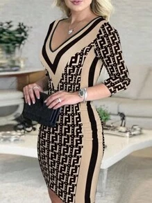 Elegant V-Neck Floral Print Long Sleeve Bodycon Dress Spring/Summer Wear