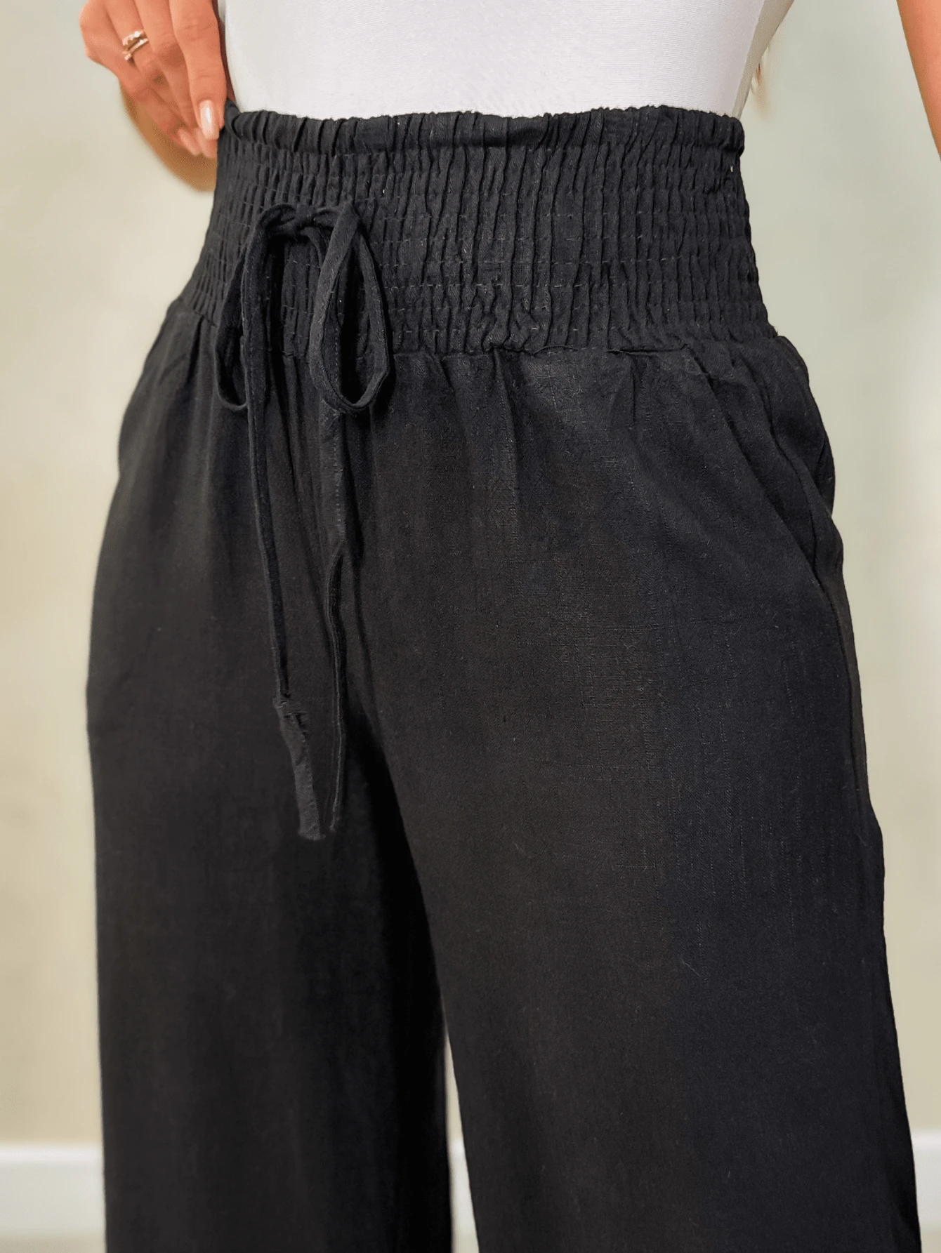PANTS WITH ELASTIC WAIST LINEN AND COTTON - màu đen - Xem 1