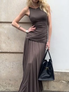 女士无袖系带褶皱长裙夏季背心裙