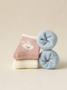 3 Pairs Baby Girls Cute Cartoon Rabbit Bear Dog Plush Floor Socks, Soft Comfortable Warm Breathable Socks, Autumn/Winter