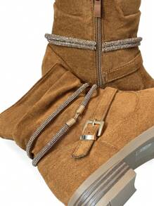 Botas de tobillo con tacón grueso 2024 nuevas, botas de moda para mujer con cadena para primavera y otoño - Camel - Ver 5